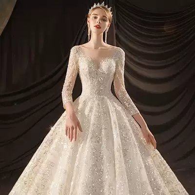 Main wedding dress 2021 new big tail long sleeve temperament bride high end luxury hubenson Super fairy dream