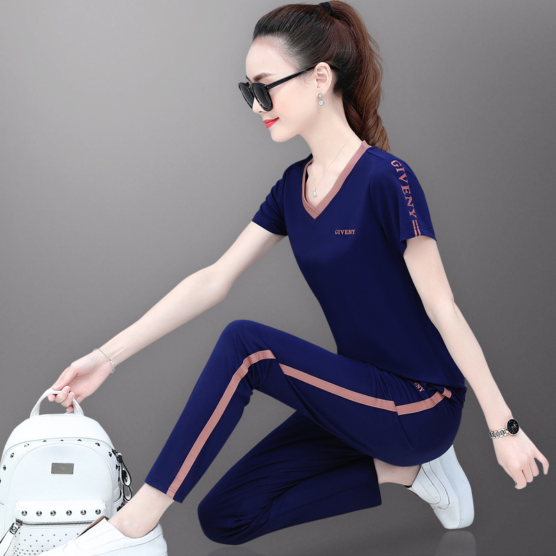 Casual Sports Suit Women Summer 2022 New Fashion V Collar Loose Display Slim Pure Cotton Short Sleeve Long Pants Two Sets