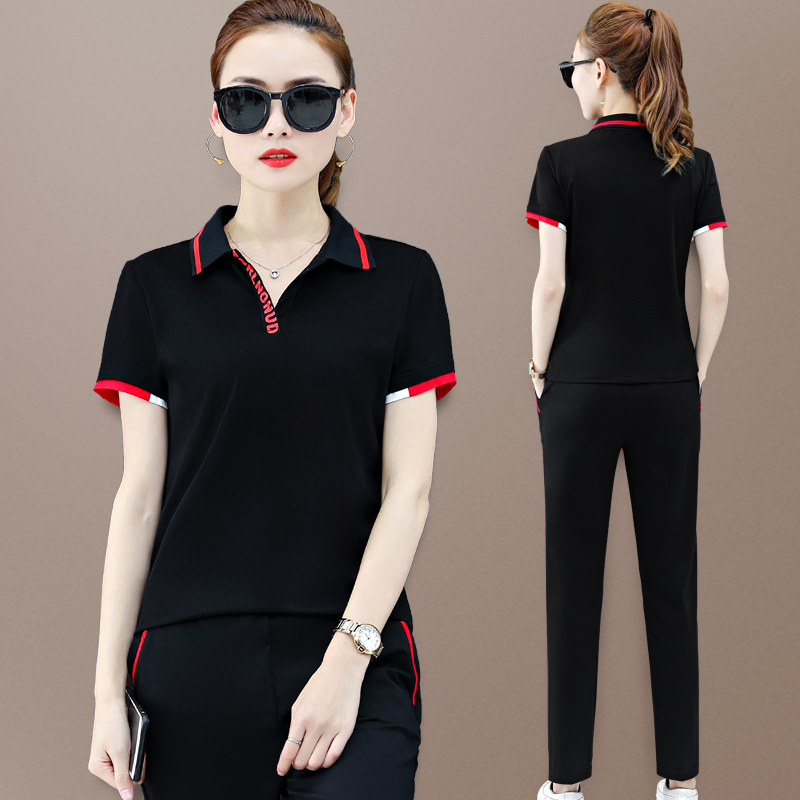 Summer sports suit women loose fashion 2021 new lapel short-sleeved trousers large size pure cotton casual two-piece