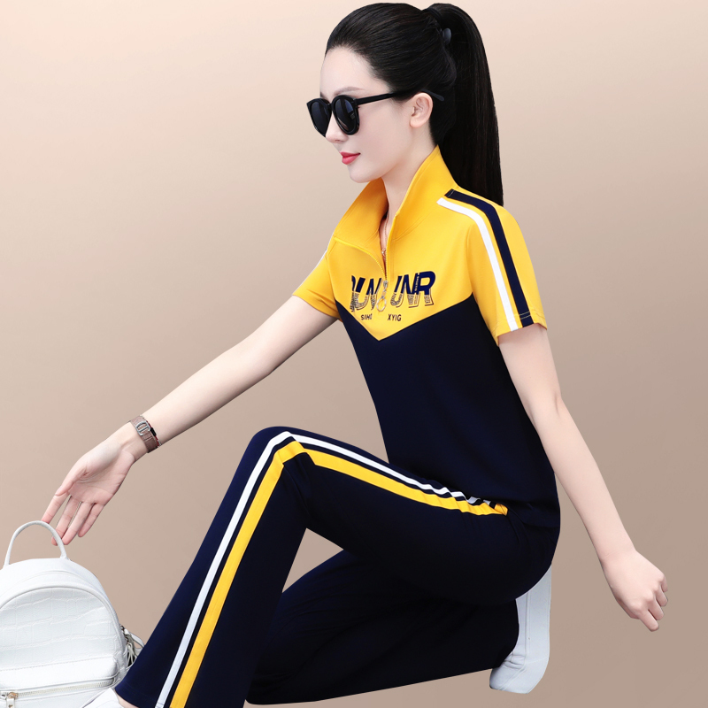 Women's Summer Sports Suit 2026 New Style Loose Slimming Color-Blocked Running Outfit Short-Sleeved Long Pants Casual Two-Piece Set Thin