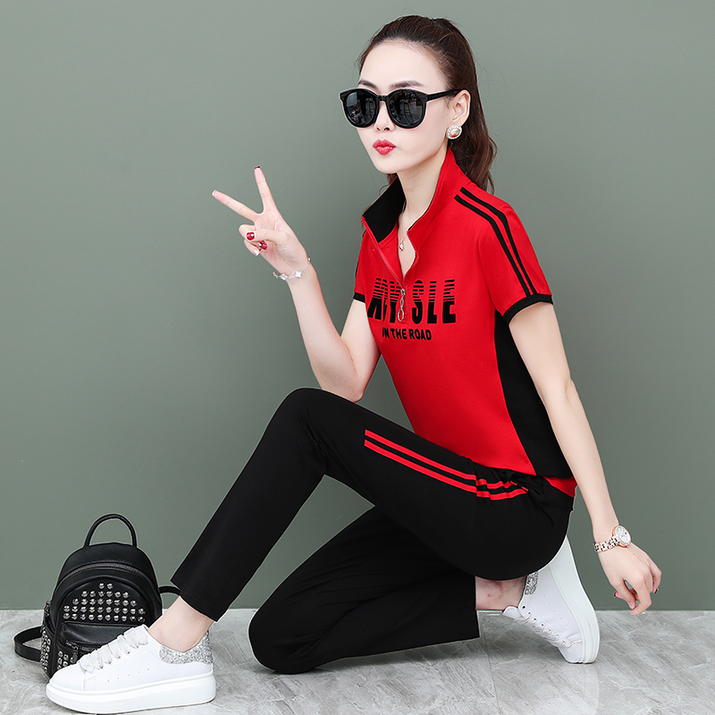 Short Sleeve Sports Suit Women's Summer 2022 New Loose Fashion 100 Hitch Slim Pure Cotton Running Casual Two-piece Style