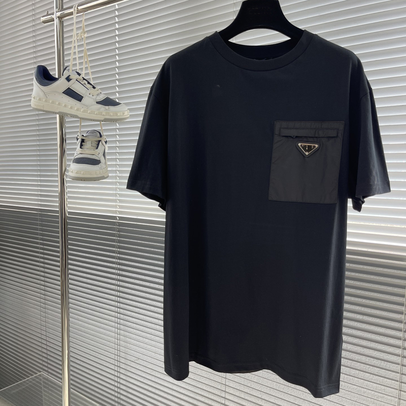 Summer Pocket Triangle Logo Decoration Recycled Nylon Spliced Cotton Crew Neck Short Sleeve T-Shirt for Men