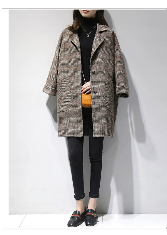 2018 phụ nữ mới mùa thu và mùa đông rộng kích thước áo len dài nữ retro houndstooth 呢 áo