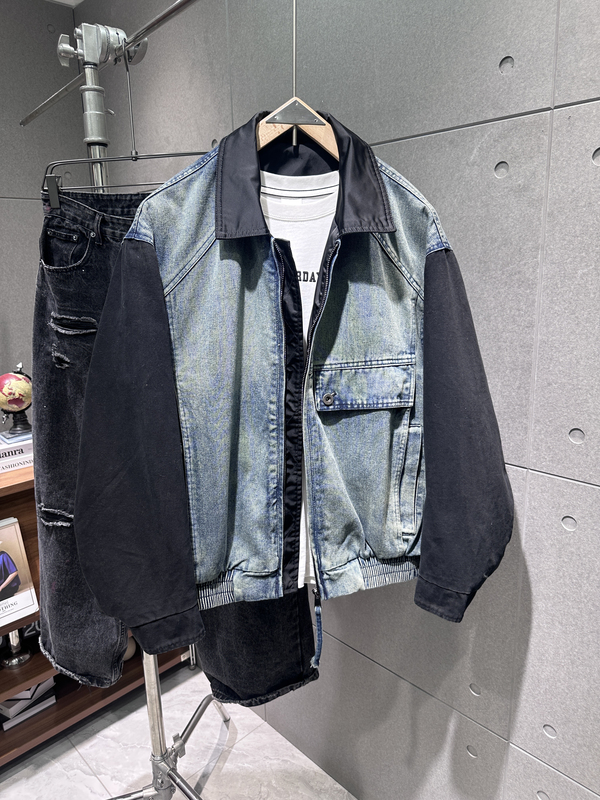 Early Spring New American-Style Trendy Brand Color-Blocked Lapel Jacket for Men, Patchwork Washed Vintage Color Workwear-Style Denim Coat