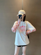 White Cherry patchwork sleeve cake print t-shirt sweet eye ~ ~ early autumn loose round neck top