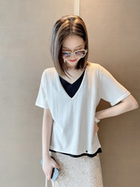 Black and white striped fake two-piece v-neck sweater short sleeve loose top Merino ultra-fine wool level design