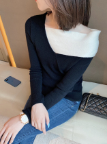 Khaki black and white irregular color knit sweater design sense autumn and winter underpiling shoulder Super Woman