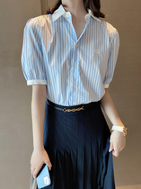 Blue and white vertical stripe short sleeve shirt fresh aged bubble sleeve cotton commuter casual shirt 2021 summer