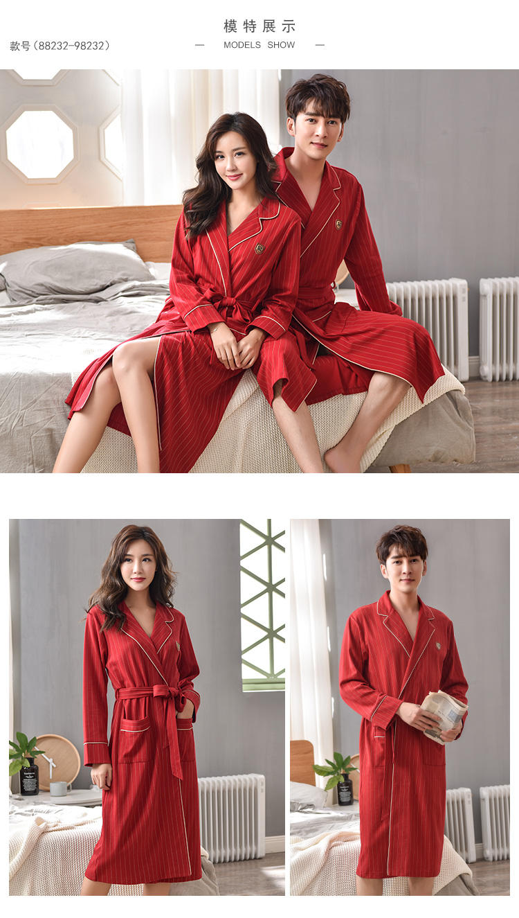Váy ngủ cotton dài tay mùa xuân và mùa thu nữ lớn màu đỏ áo choàng tắm đồ ngủ cotton cưới đám cưới của nam giới buổi sáng quần áo ngủ