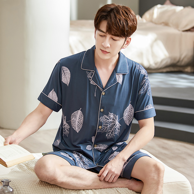 Bộ đồ ngủ Mens Summer Mordale Shorts Thin Summer bông lụa kích thước lớn Casual Cardigan Home Mang Set.