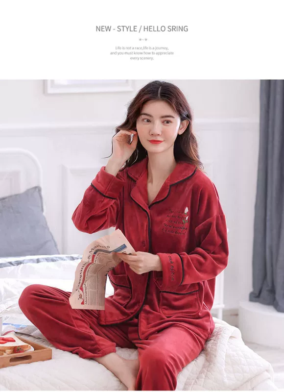 San hô nhung bộ đồ ngủ của phụ nữ mùa đông dày và nhung đỏ năm sinh mùa thu và mùa đông flannel ấm áp bộ đồ dịch vụ tại nhà - Cặp đôi