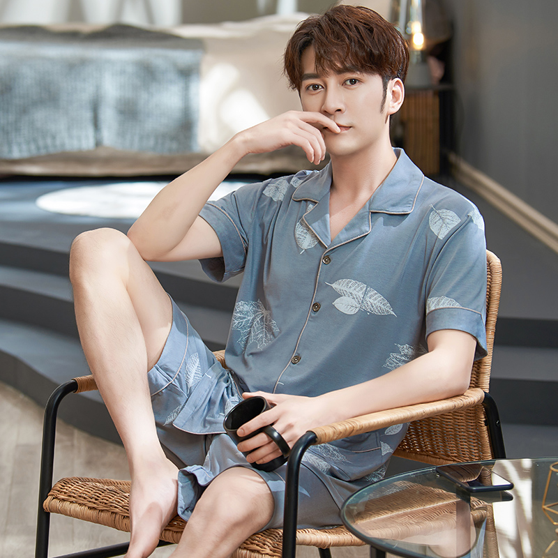 Bộ đồ ngủ Mens Summer Mordale Shorts Thin Summer bông lụa kích thước lớn Casual Cardigan Home Mang Set.