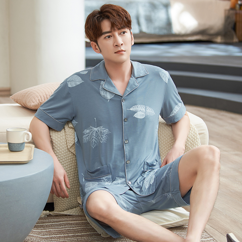 Bộ đồ ngủ Mens Summer Mordale Shorts Thin Summer bông lụa kích thước lớn Casual Cardigan Home Mang Set.