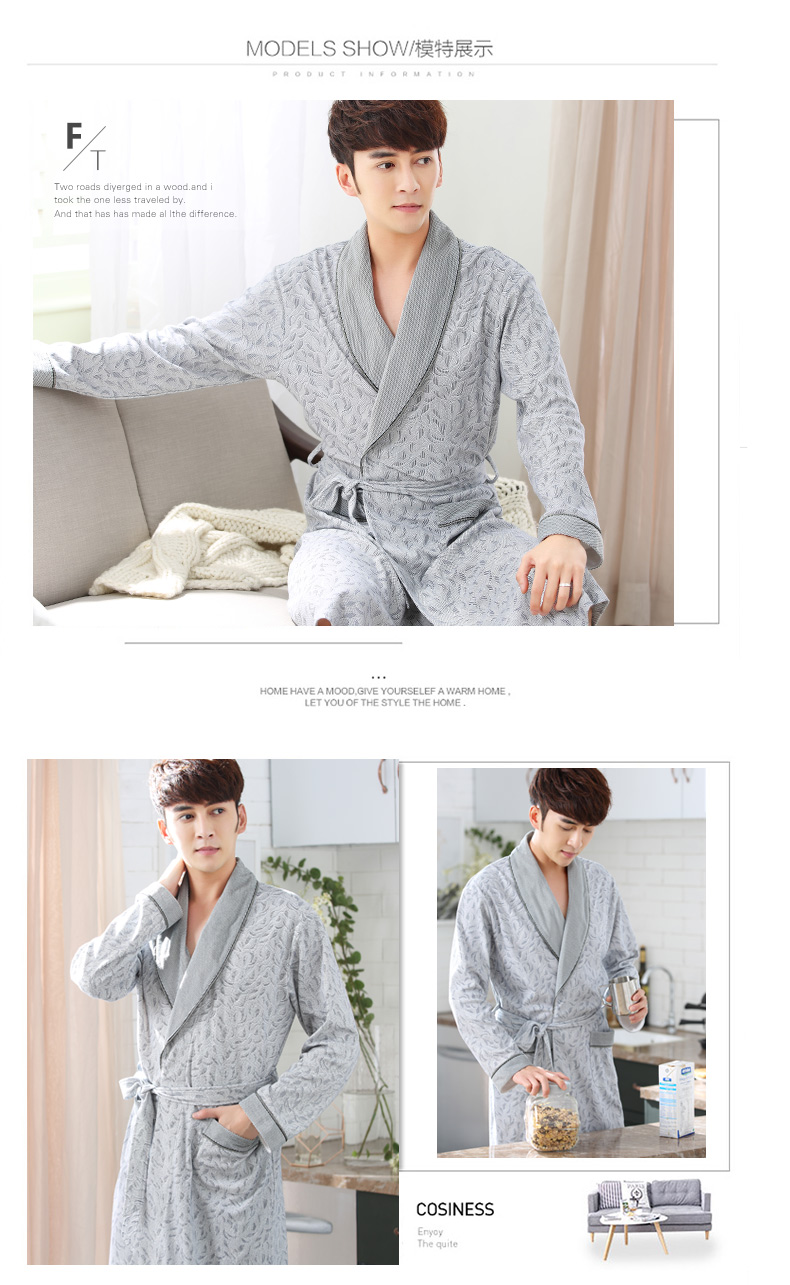 Áo ngủ nam dài tay mùa thu cotton phần dài cotton đồ ngủ mùa hè của nam giới áo choàng tắm cộng với phân bón để tăng nam mùa xuân và mùa thu đồ ngủ lụa