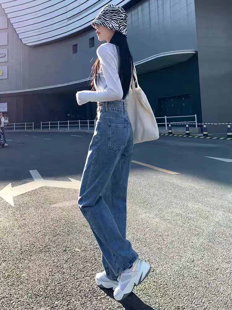 South Korea high waist and wide leg jeans women's spring summer 2022 new loose straight drum small subconspicu skinny long pants
