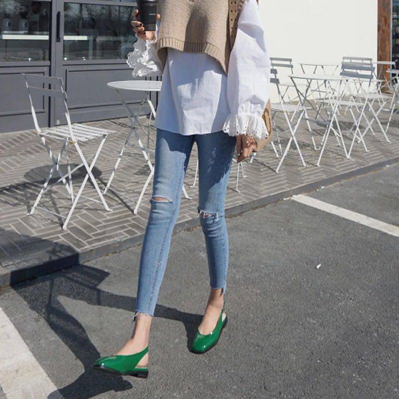 South Korea 2021 spring and summer New broken jeans women nine points beggar pants high waist elastic slim small foot pencil pants