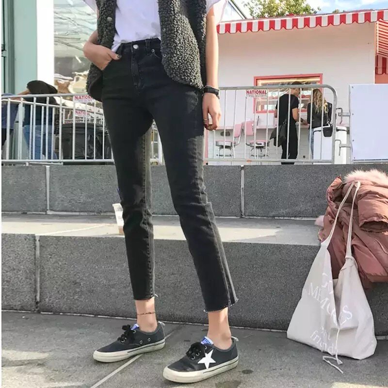 Korean Smoking Grey Jeans Women 90% Pants 2021 Autumn Winter Plus Suede Black elastic Conspiculy High Waist Small Straight Drum Pants