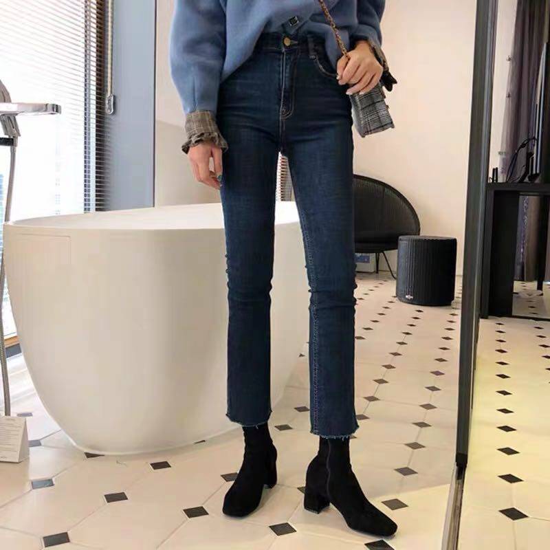 South Korea's dark blue plus jeans nine points 2022 new high waist elastic eight - minute straight tube