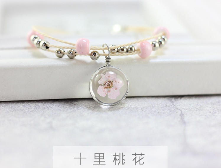 Hoa đào Shili với hoa khô Sakura Hoa bất tử Thời gian Vòng tay đá quý Sen Nữ Handmade dệt kim Trang trí đào vòng tay may mắn