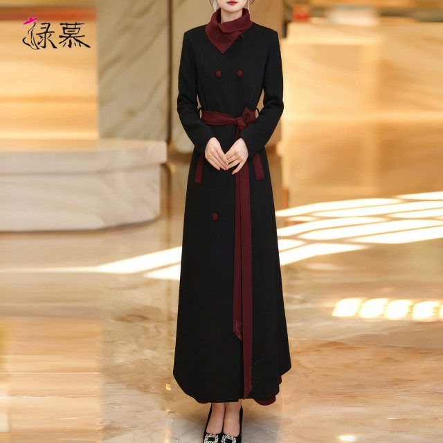 高贵长款外套女2025秋冬季高级感撞色气质显瘦加厚毛呢长款外套
