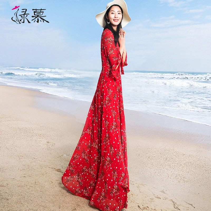 Lumu 2021 phụ nữ mùa xuân và mùa hè váy đi biển mới đến mắt cá chân siêu dài siêu cổ tích váy đỏ váy dài - Váy dài