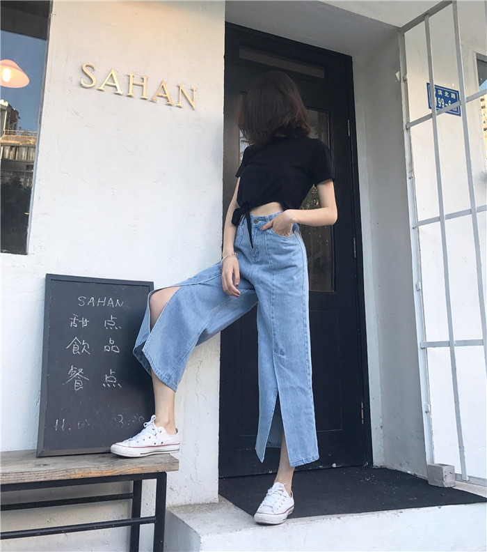 VK旗艦店 韓系開叉牛仔褲學生寬松九分寬口單品長褲
