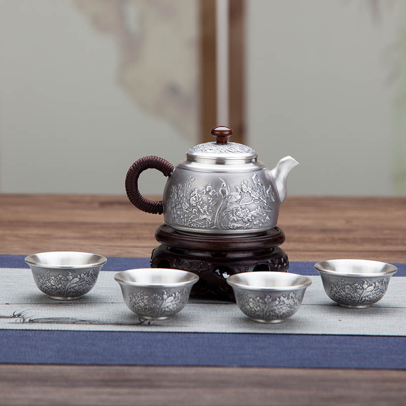 Silver Pot Pure Silver Kung Fu Tea Furniture Set Foot Silver Tea Tea Pot 999 Fugui Full Hall Insulation Silver Pot Home Tea Aisles
