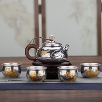 Gao Gong 999 sterling silver teapot tea set household kettle gilt lotus Yunnan handmade foot silver kettle