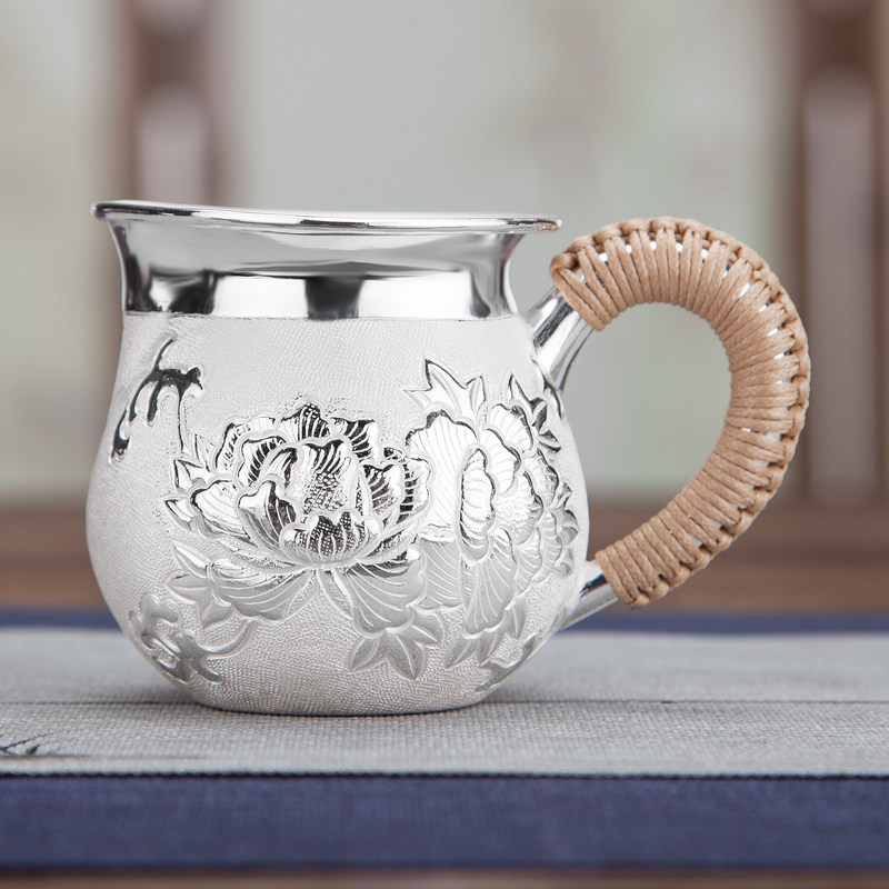 Pure silver - fair cup hand - worn peony large - scale insulation tea - sea teapot Kung fu tea set