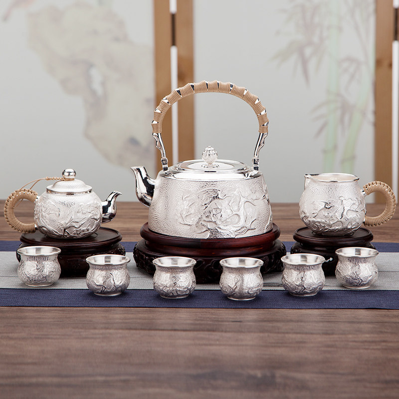 Silver pot, sterling silver 999 kettle, handmade with a silver mouth, sterling silver teapot with hammer pattern Songhe Yannian
