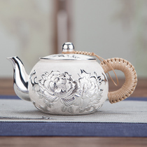 Silver Pot Sterling Silver 999 Yunnan Handmade Teapot Tea Pot Tea Ceremony Household Peony Large Capacity Foot Silver Tea Pot