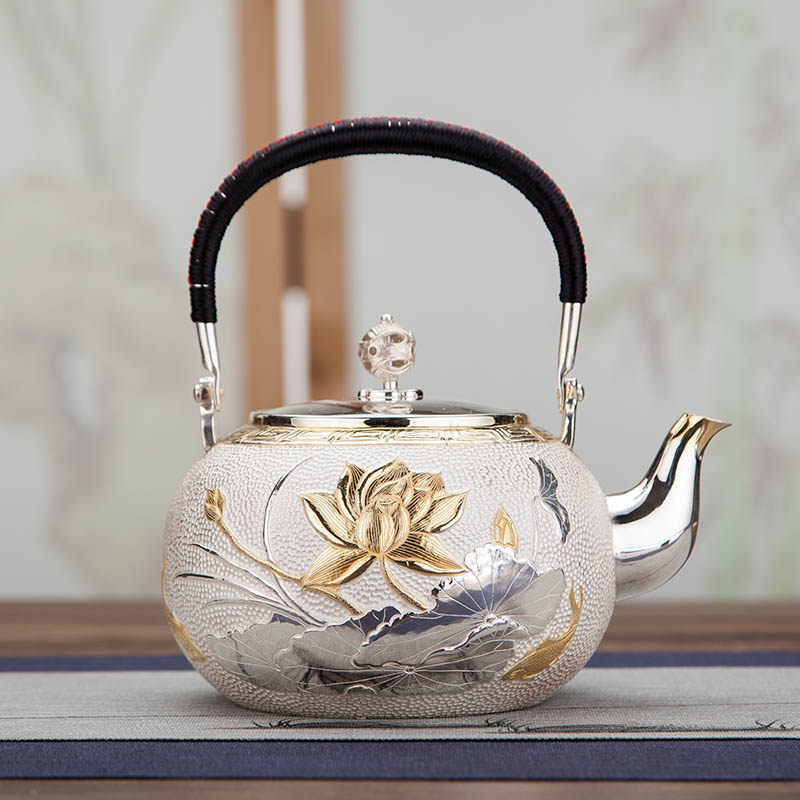 Pure hand silver kettle 999 kettle household beam teapot cup teapot silver and gold for years