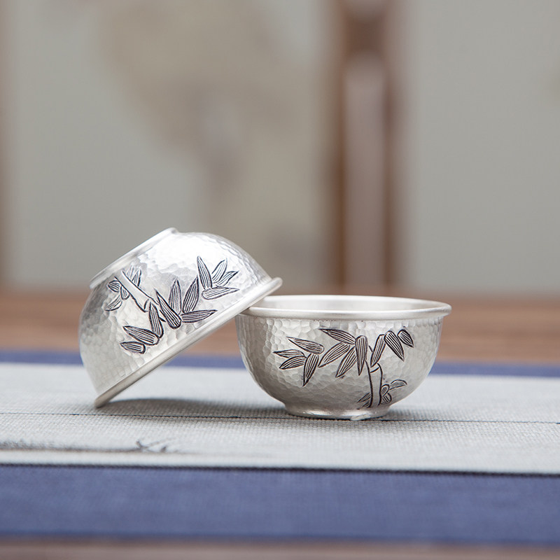 Silver tea cup pure silver 999 master cup Kung Fu silver tea set Home Bamboo News Ping An anti-hot mouth silver tea drinking cup