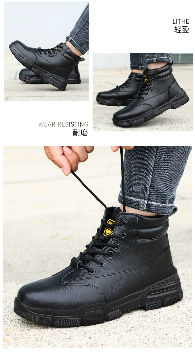 Men's labor protection shoes, winter high-top anti-smash and stab-proof belt steel plate steel toe cowhide plus velvet insulated construction site work shoes