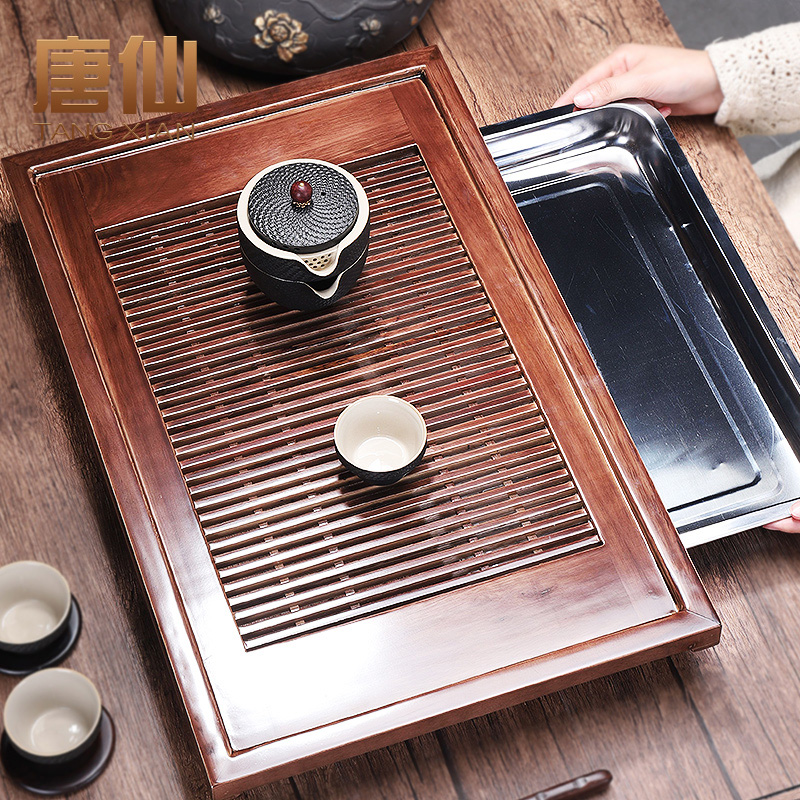 Tea tray household solid wood tea table tea tray simple stainless steel water storage type tea sea kung fu tea set tray single tray tea pot