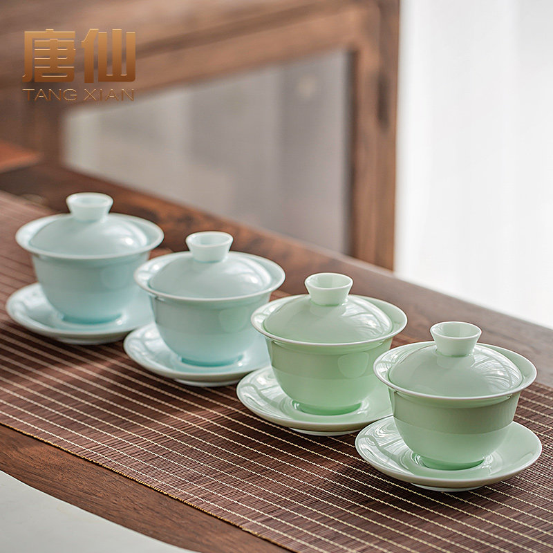 Маленькая керамическая чаша Tang Xianying Qing с крышкой, чайная чашка, чашка Sancai, негорячая чаша для чая ручной работы, тонкая шина, аксессуары для чайного сервиза Кунг-фу Изображение 1