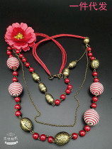 Fabric Flower Wax Rope Sweater Chain Antique Japanese and Korean Multi-layer Winding Bead Necklace Autumn and Winter Clothes Accessories Decorative Jewelry