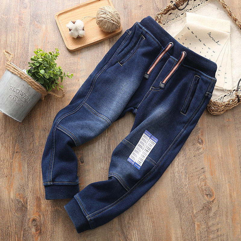 Children Thickened Jeans 2019 Winter Boy Knit Elastic Warm Long Pants CUHK Tong Suede Winter Cotton Pants