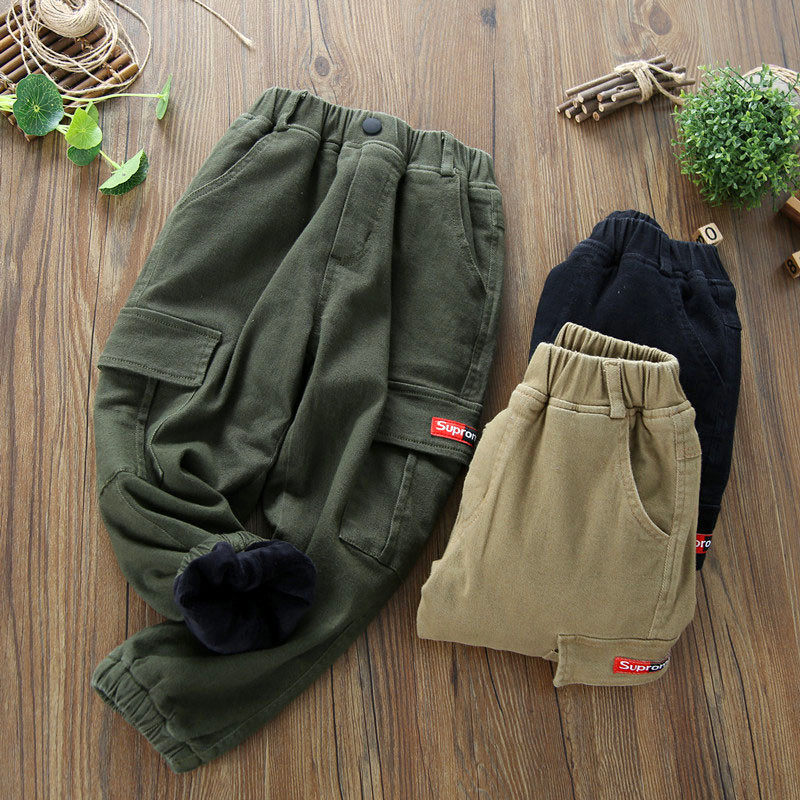 Boys' fleece overalls children's suits 2022 winter thickened winter cotton pants middle-aged children's warm long pants casual pants