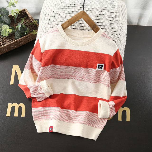 Boys' Round Neck Sweater 2022 Spring and Autumn New Children's Cotton Striped Pullover Top Big Children's Casual Sweatshirt