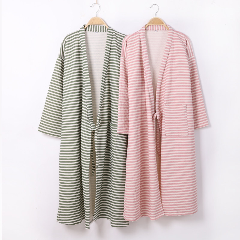 Autumn and winter couple nightgown men and women Japanese kimono robe long version nightgown cotton air layer quilted striped bathrobe bathrobe