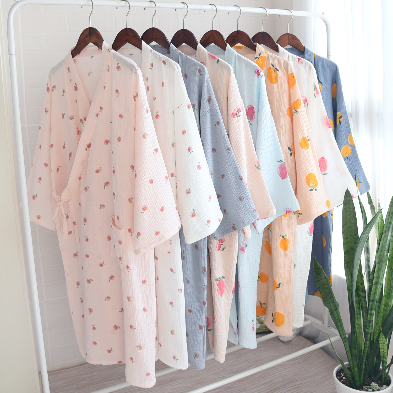 Day series fresh pure cotton washed crepe cloth ladies and pajamas long sleeping robes sleeping skirts gauze lacing bath sweaty sweaty