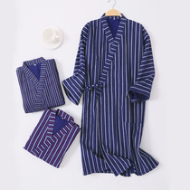 Spring Summer mens pure cotton gauze kimono and sleeping robe big code single-piece striped day style long style long style sweaty hot spring clothing bath clothes
