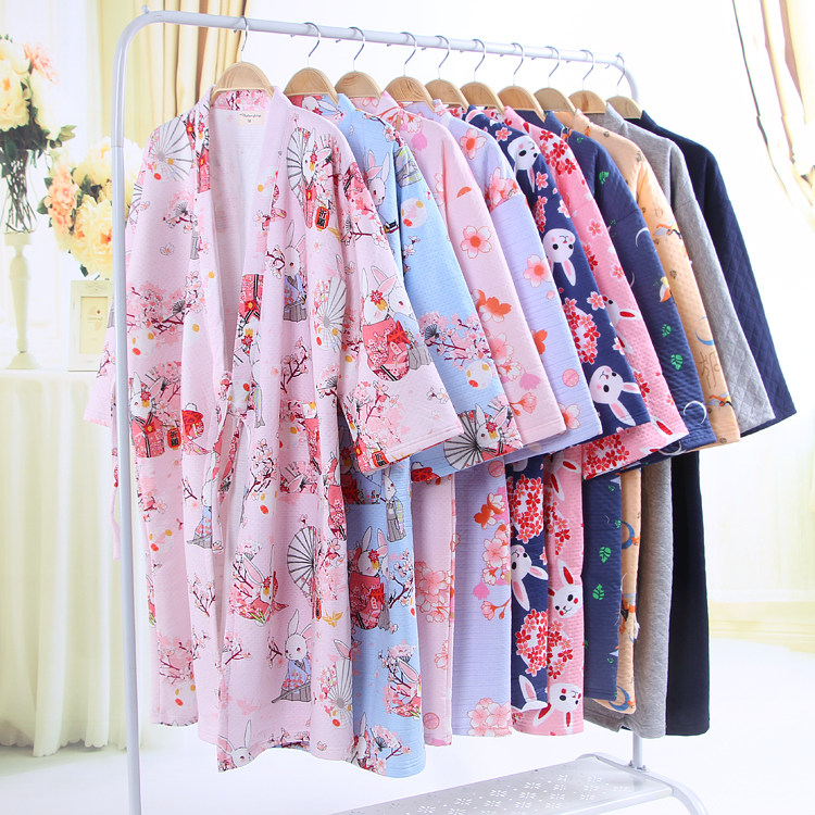 Autumn and winter women's cotton pajamas couple Japanese air layer thickened kimono pajamas men's long version cardigan nightdress bathrobe