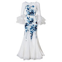 White modern dance skirt new blue and white porcelain national standard dance long skirt ballroom dance dress womens spring and autumn waltz dance skirt