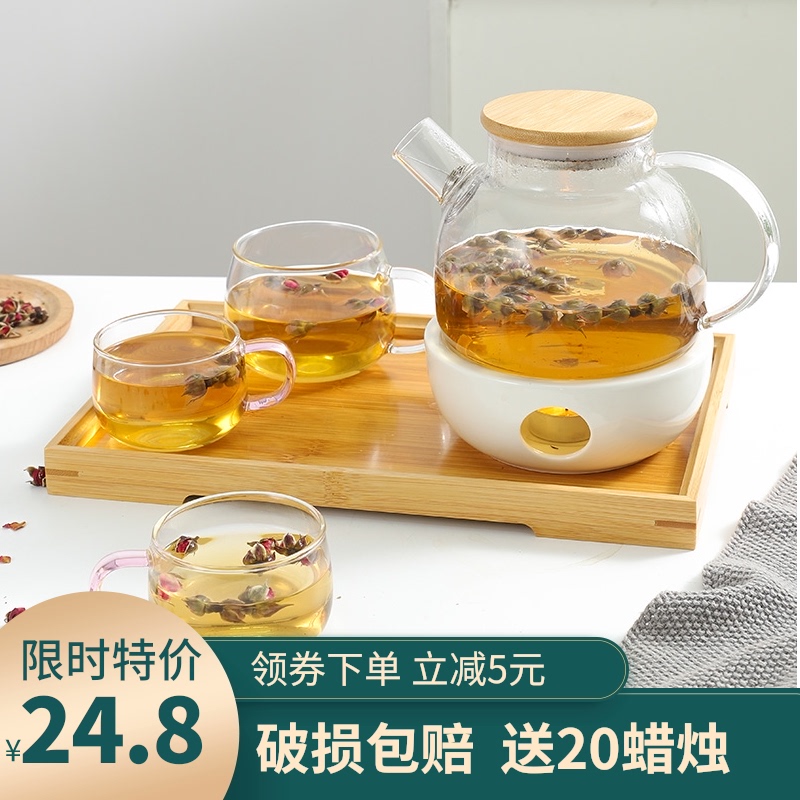 Nordic heat-resistant glass flower teapot candle heated flower tea set fruit teapot set afternoon tea candle teapot