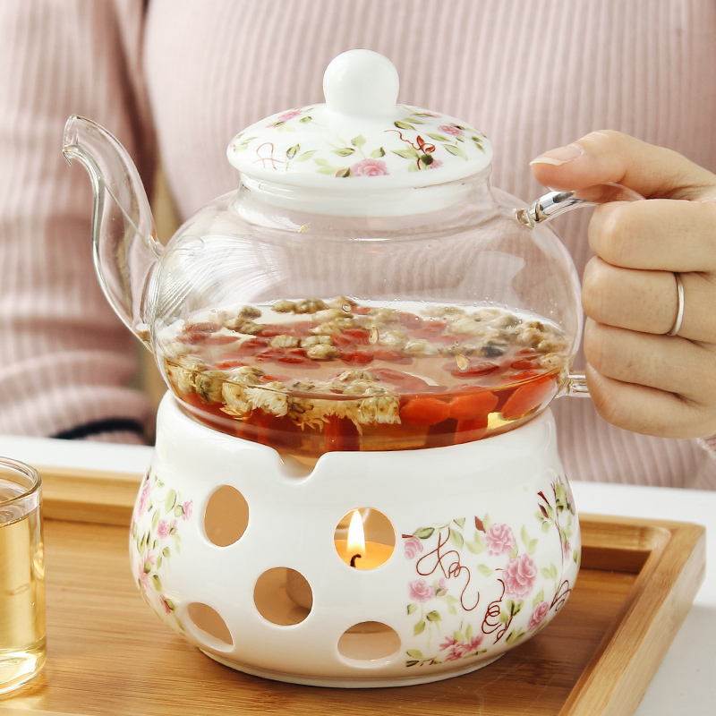 Ceramic flower teapot flower tea set transparent cup glass flower grass fruit flower fruit tea tea heat resistant candle heating set