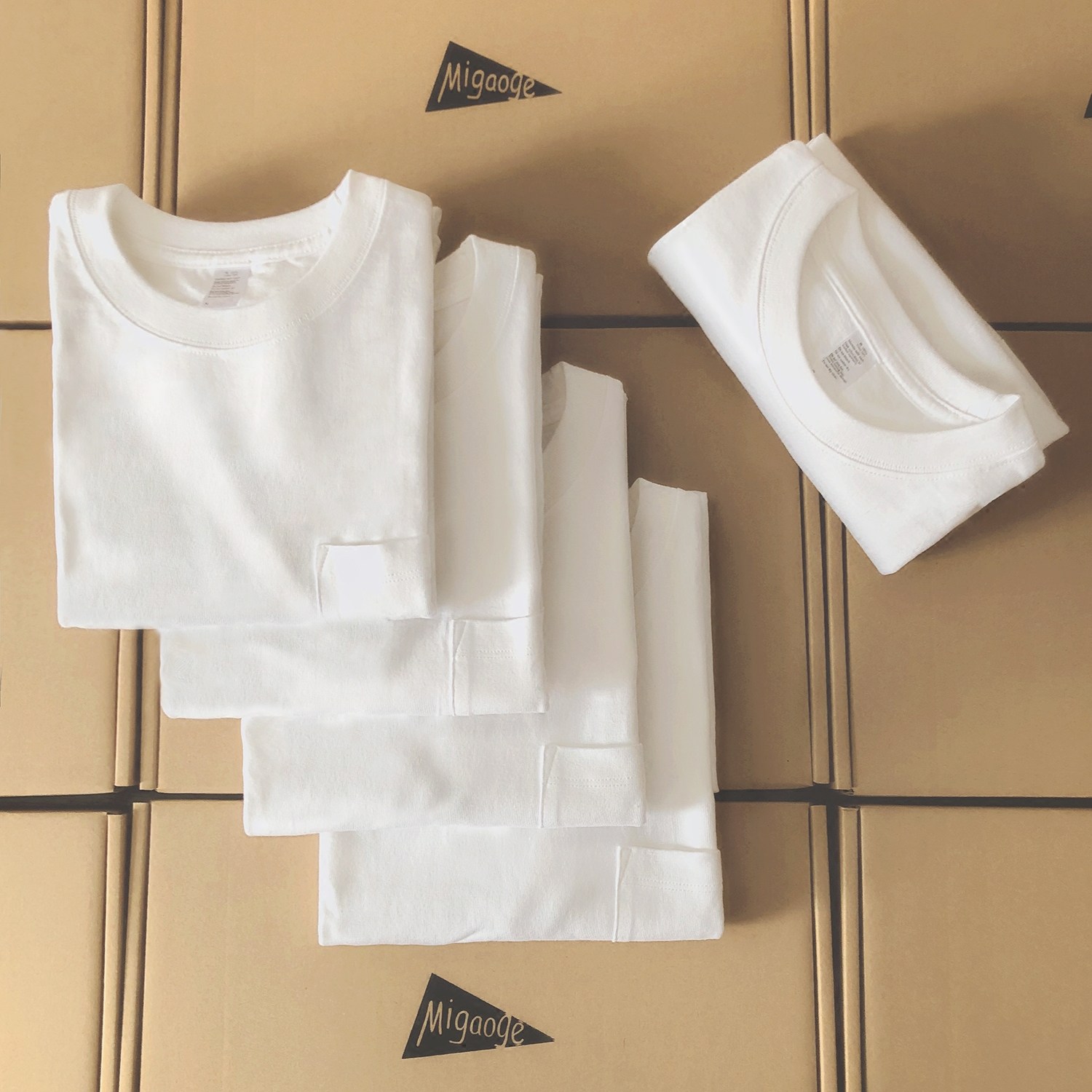 (flat collar two pins) 270g men's summer round collar pure white pocket short sleeve T-shirt cotton quality soft half sleeve male