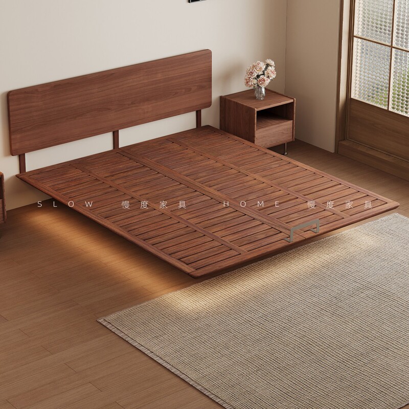 Extremely Narrow and Ultra-Thin Walnut Solid Wood Bed for Small Spaces, Space-Saving Master Bedroom Double Bed with Floating Sides Extremely Narrow and Ultra-Thin Walnut Solid Wood Bed for Small Spaces, Space-Saving Master Bedroom Double Bed with Floating Sides