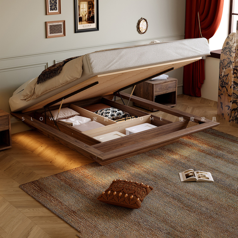 Walnut Solid Wood Flush Edge Floating Storage Bed Without Headboard, Modern Minimalist Tatami Air Pressure High Box Storage Bed Walnut Solid Wood Flush Edge Floating Storage Bed Without Headboard, Modern Minimalist Tatami Air Pressure High Box Storage Bed